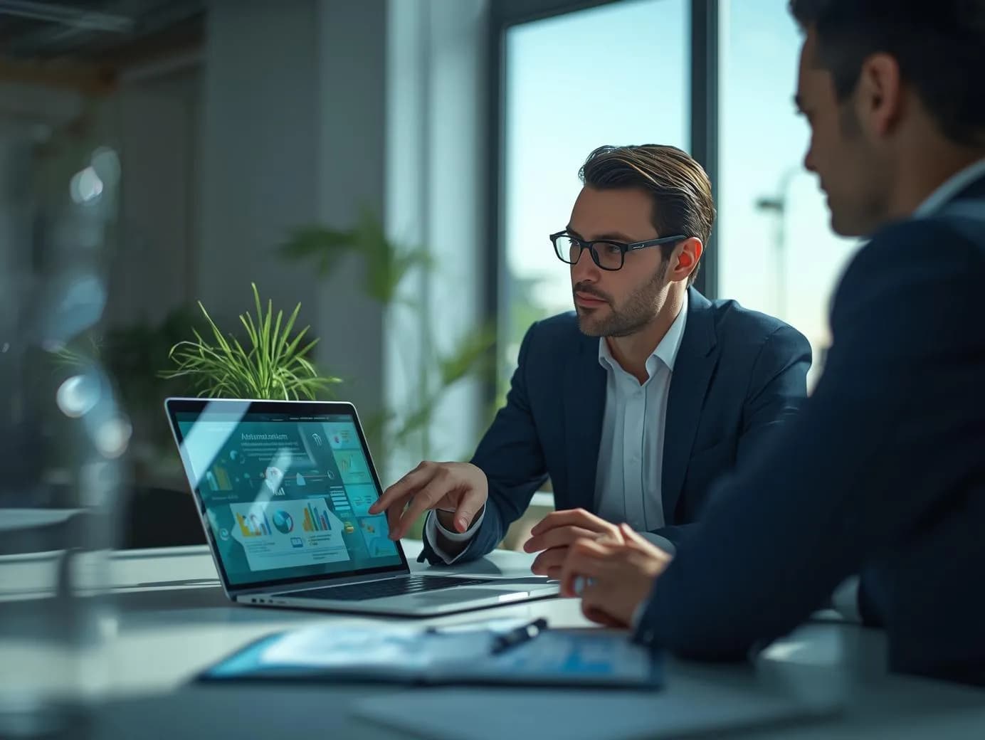 Deux consultants analysent des flux de travail sur un ordinateur portable et un tableau de bord digital. L'un d'eux présente des opportunités d'automatisation à un leader lors d'une réunion stratégique. Ambiance professionnelle et collaborative centrée sur l'optimisation et la transformation digitale.